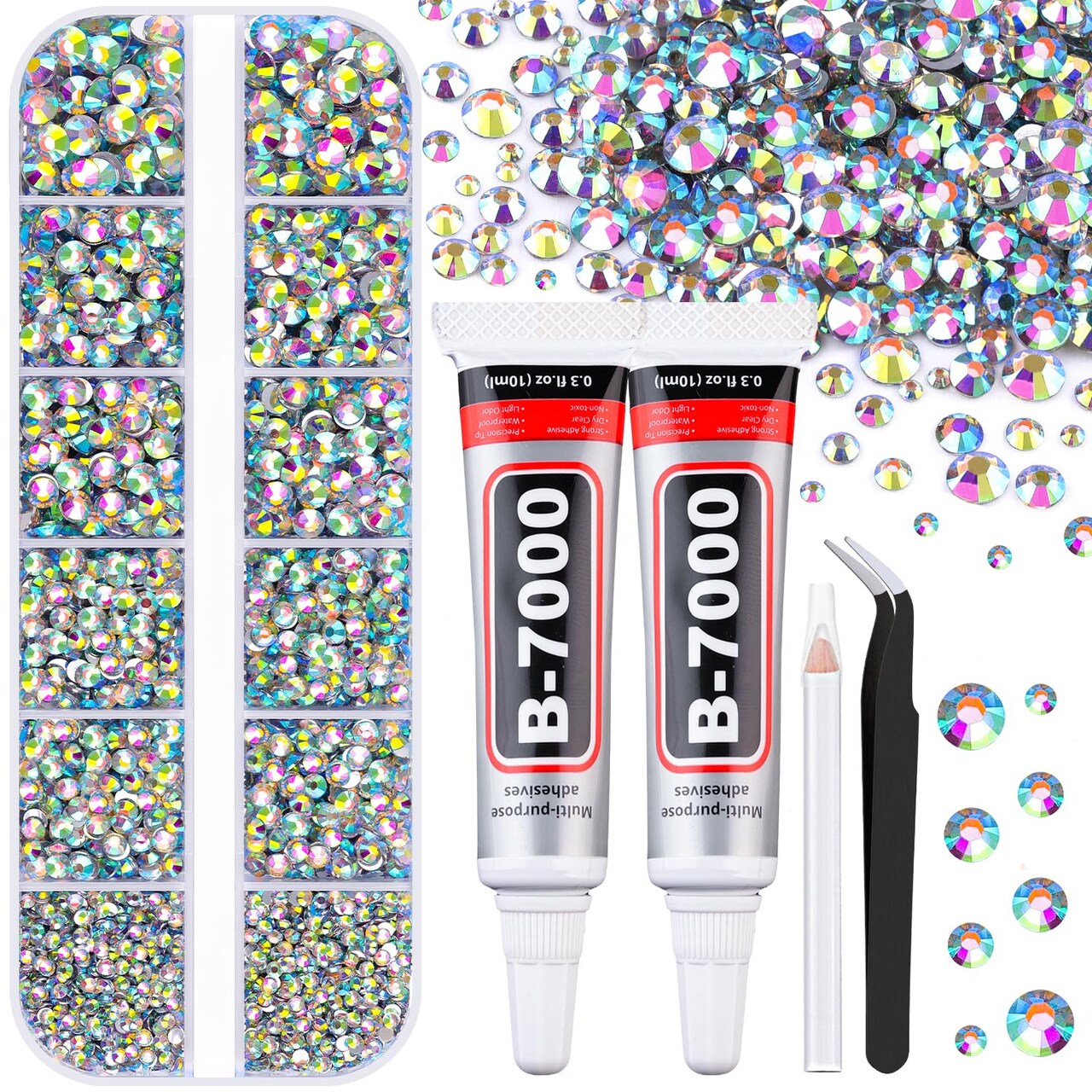 6,100pcs Clear AB Jelly Resin Rhinestones with 2×10ml B7000 Jewelry Glue – Flatback Non-Hotfix Gems for DIY Crafts, Nail Art, Clothing, Shoes, and Bedazzling Projects